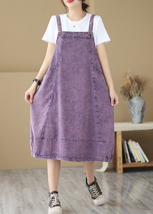 Purple Oversized Patchwork Denim Strap Dress Summer