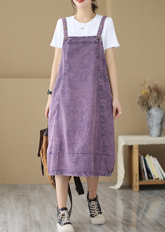 Purple Oversized Patchwork Denim Strap Dress Summer