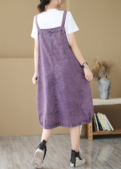 Purple Oversized Patchwork Denim Strap Dress Summer