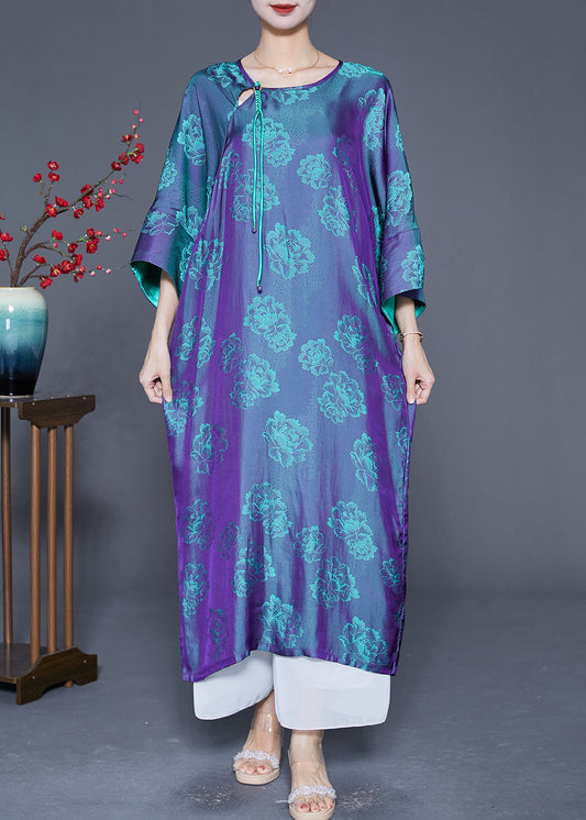 Purple Oversized Print Silk Dresses Bracelet Sleeve