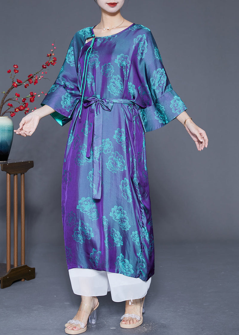 Purple Oversized Print Silk Dresses Bracelet Sleeve