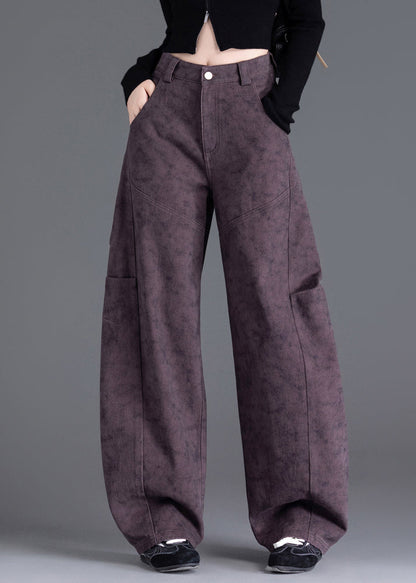 Purple Pockets Print Wrinkled Denim Pants Spring