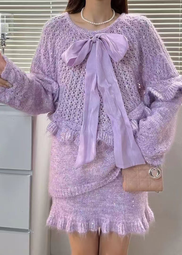 Purple Ruffled Hollow Out Bow Knit Two Piece Set Winter