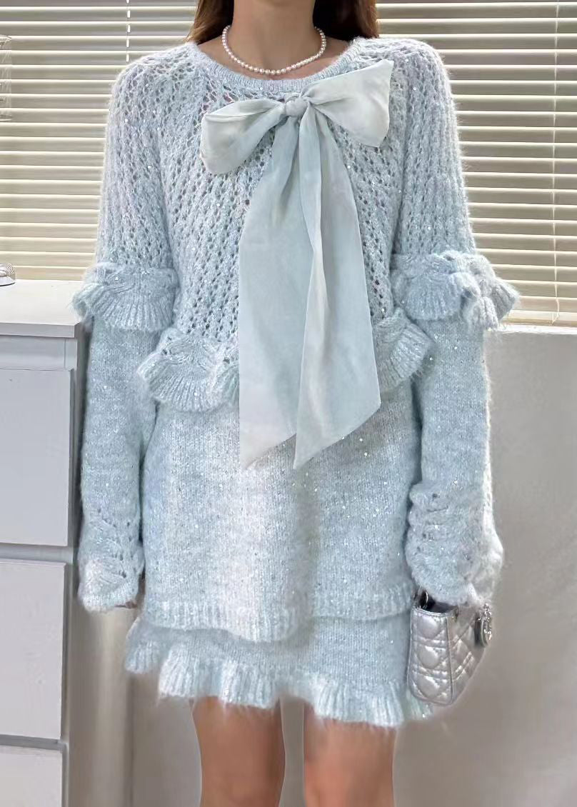 Purple Ruffled Hollow Out Bow Knit Two Piece Set Winter