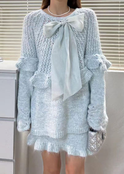 Purple Ruffled Hollow Out Bow Knit Two Piece Set Winter