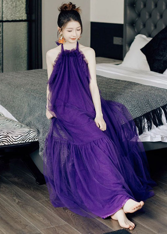 Purple Ruffled Patchwork Halter Tulle Long Dresses Sleeveless