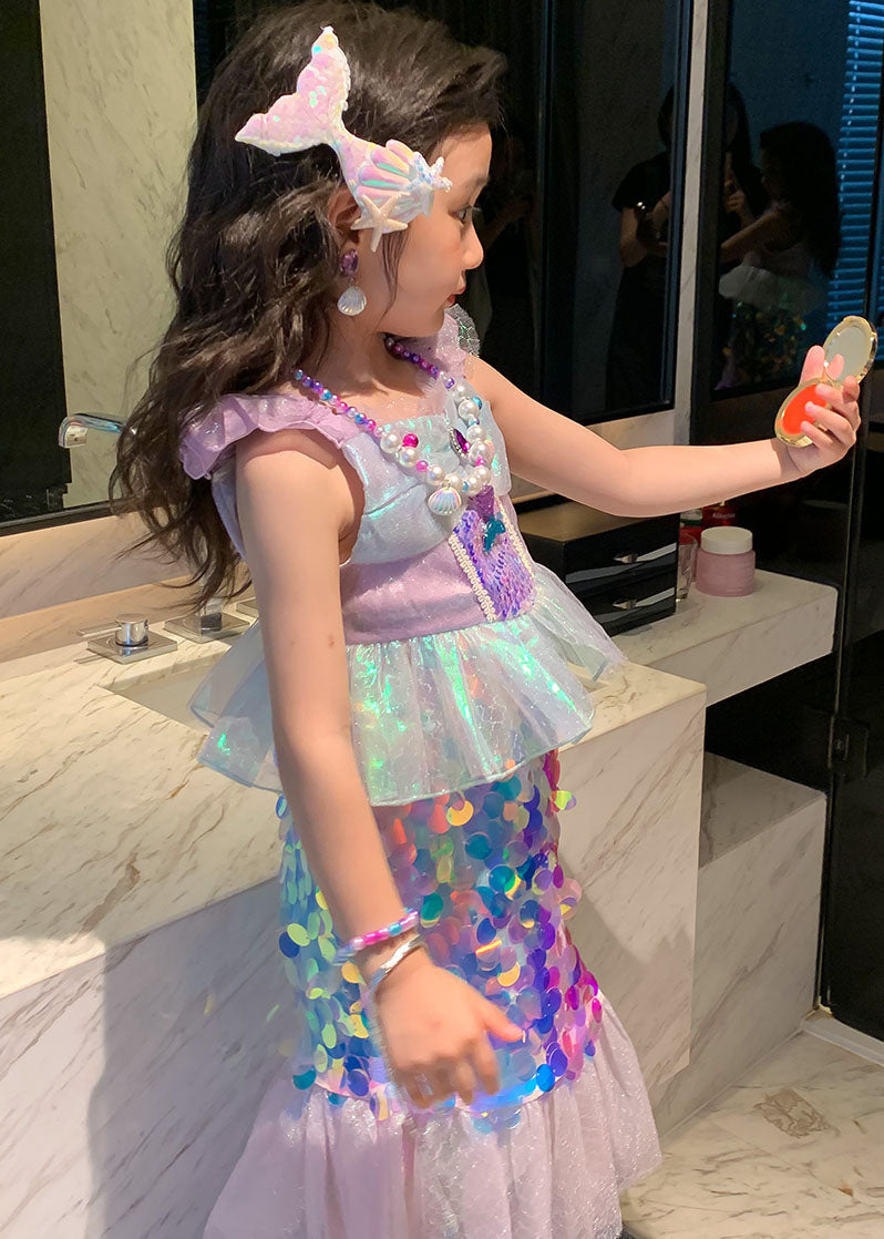 Purple Ruffled Sequinspatchwork Tulle Baby Fish Tail Dress Summer