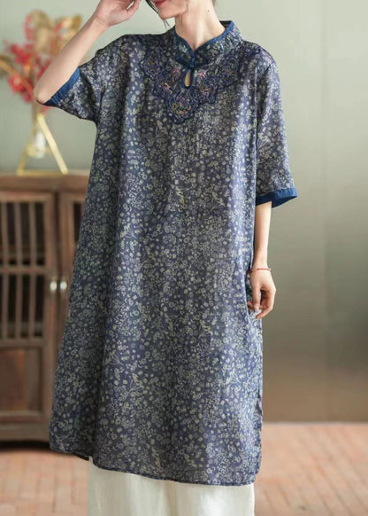 Purple Stand Collar Embroideried Button Linen Long Dress Half Sleeve