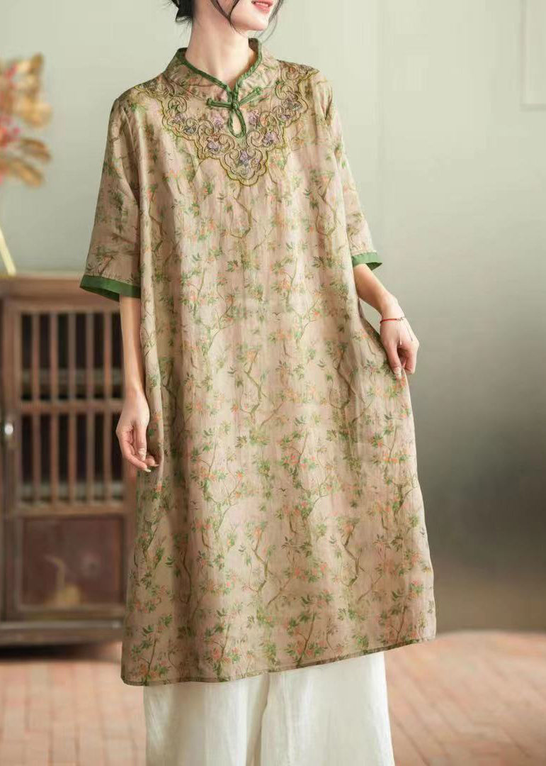 Purple Stand Collar Embroideried Button Linen Long Dress Half Sleeve