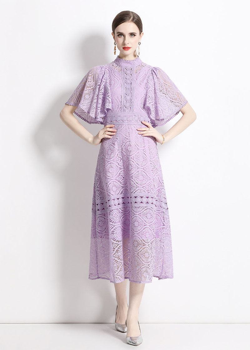 Purple Stand Collar Hollow Out Patchwork Lace Dresses Butterfly Sleeve