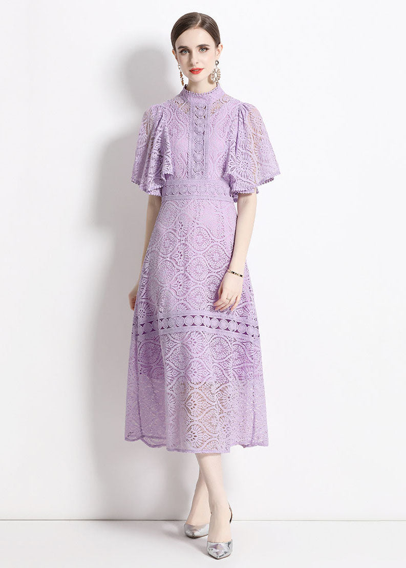 Purple Stand Collar Hollow Out Patchwork Lace Dresses Butterfly Sleeve