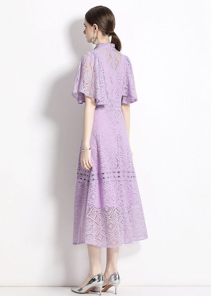 Purple Stand Collar Hollow Out Patchwork Lace Dresses Butterfly Sleeve