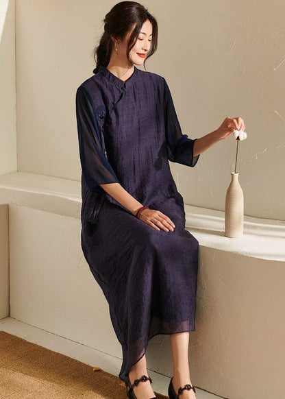 Purple Stand Collar Tasseled Patchwork Silk Dress Summer