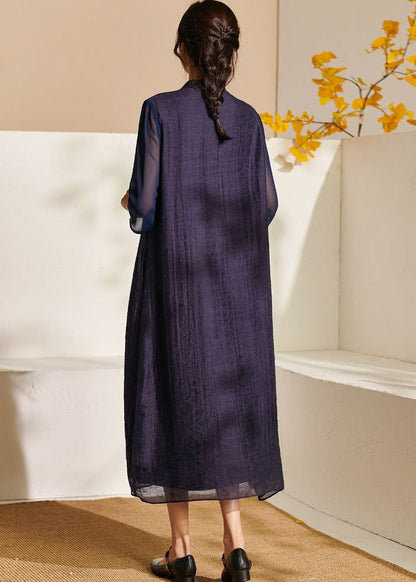 Purple Stand Collar Tasseled Patchwork Silk Dress Summer
