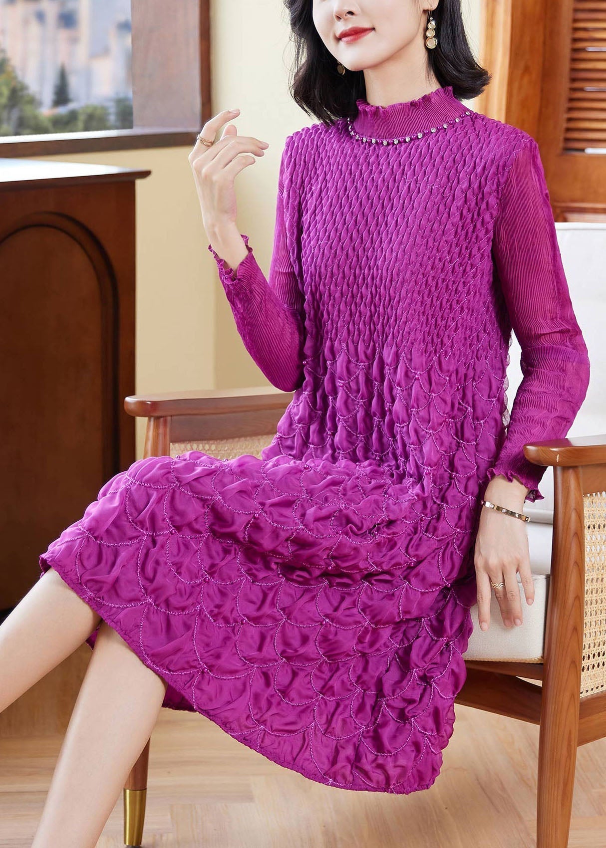 Purple Stand Collar Zircon Wrinkled Mid Dresses Fall