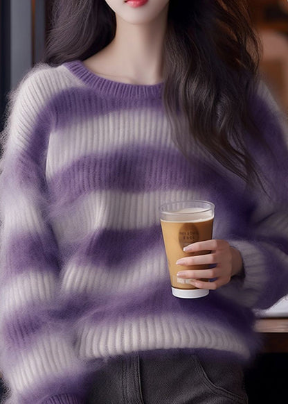 Purple Striped Cozy Ma Hai Mao Sweaters Fall