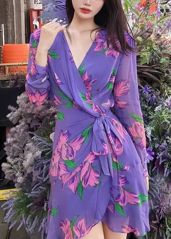 Purple V Neck Print Lace Up Chiffon Mid Dress Long Sleeve