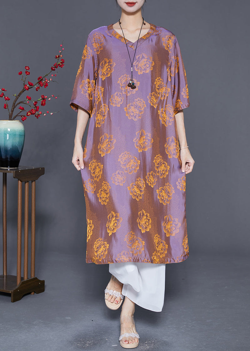 Purple V Neck Print Wear on Both Sides Silk Dresses Summer