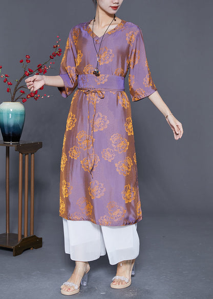 Purple V Neck Print Wear on Both Sides Silk Dresses Summer