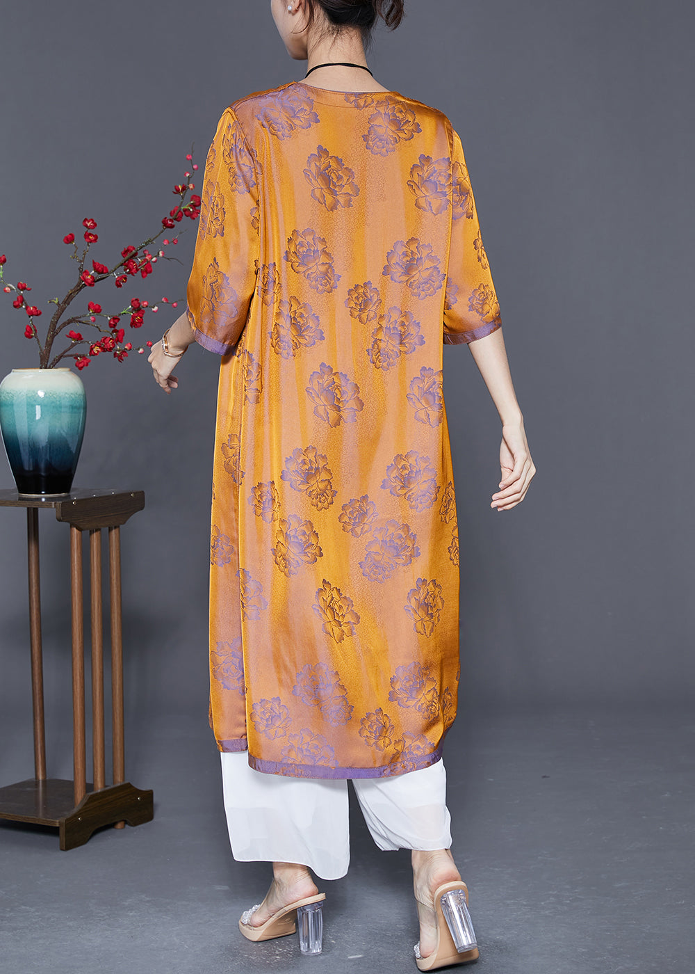 Purple V Neck Print Wear on Both Sides Silk Dresses Summer