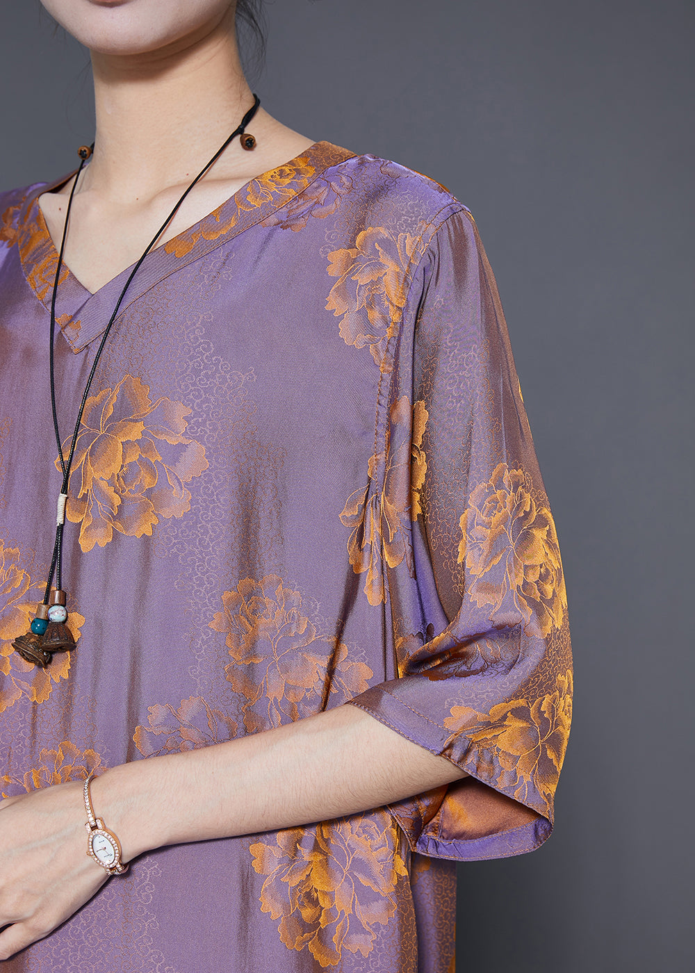 Purple V Neck Print Wear on Both Sides Silk Dresses Summer