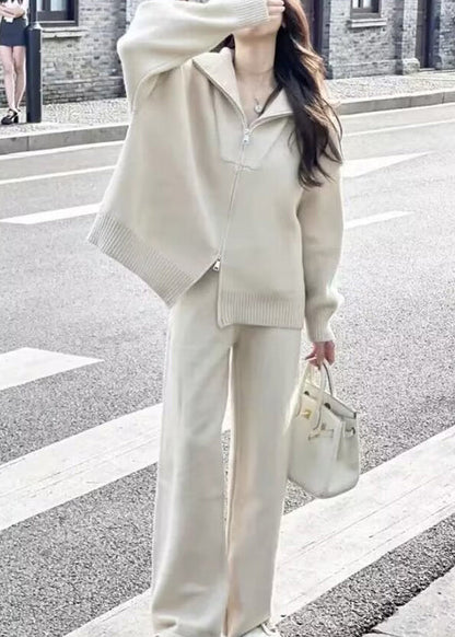 Purple Zip Up Sweaters and Pants Knit Two Pieces Set Spring