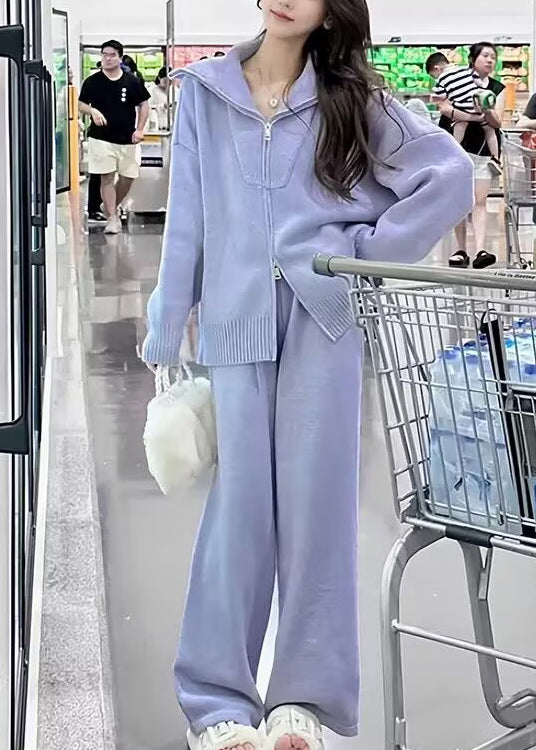 Purple Zip Up Sweaters and Pants Knit Two Pieces Set Spring