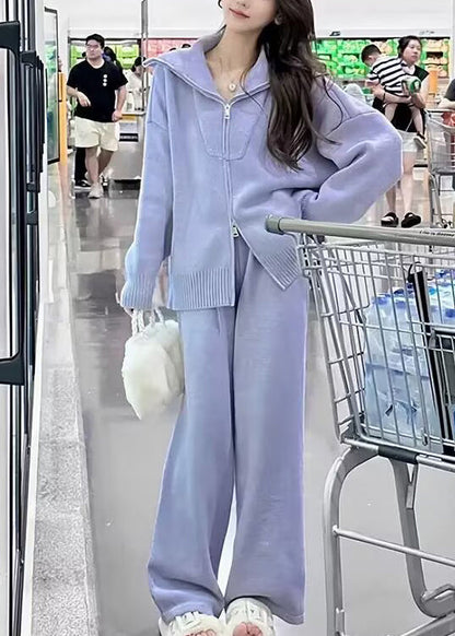 Purple Zip Up Sweaters and Pants Knit Two Pieces Set Spring