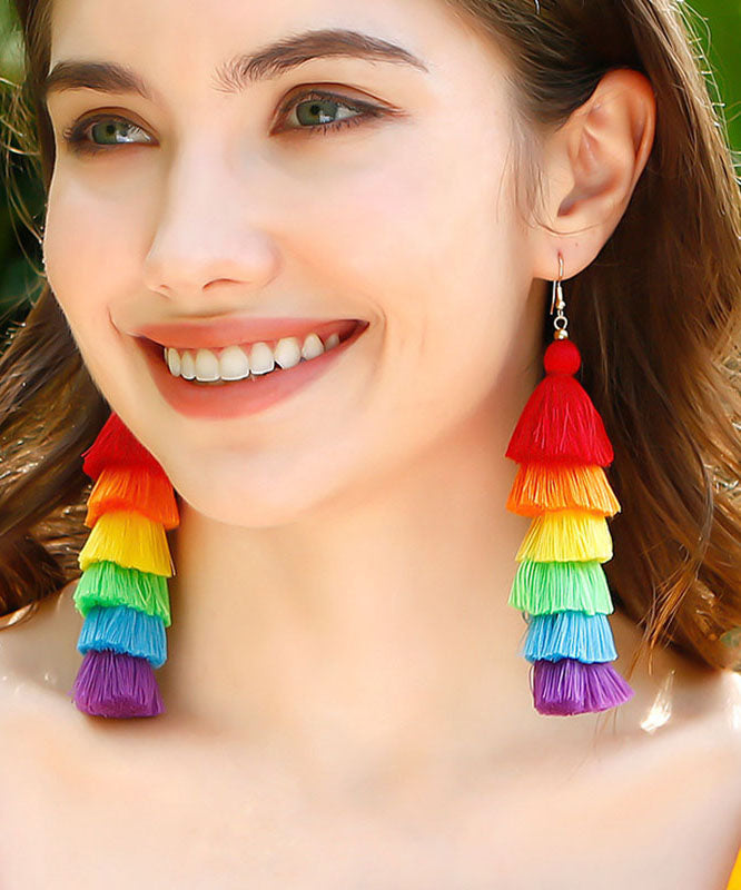 Rainbow Knit Fabric Silk Cotton Tassel Drop Earrings