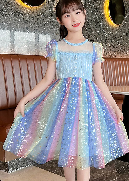 Rainbow Sequins Wrinkled Patchwork Tulle Baby Dress Summer