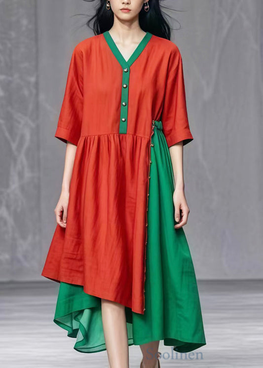 Red Asymmetrical Patchwork Cotton Dresses Summer