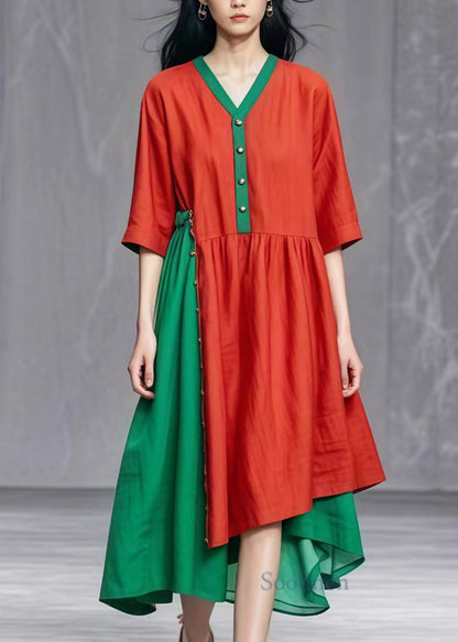 Red Asymmetrical Patchwork Cotton Dresses Summer