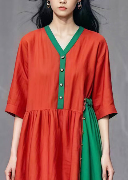 Red Asymmetrical Patchwork Cotton Dresses Summer