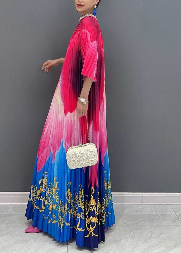 Red Blue Patchwork Print Sashes Maxi Dresses Half Sleeve