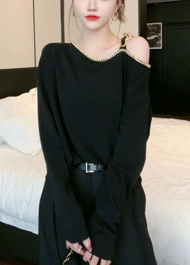 Red Cold Shoulder Chain Linked Cotton Top Long Sleeve
