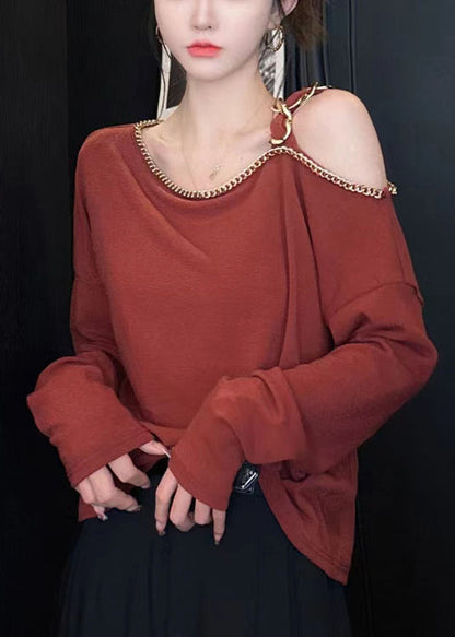 Red Cold Shoulder Chain Linked Cotton Top Long Sleeve