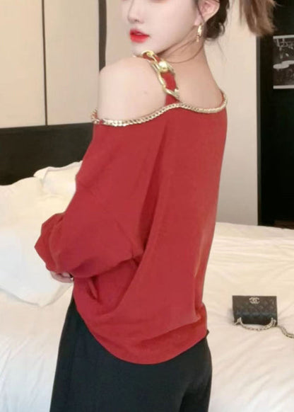 Red Cold Shoulder Chain Linked Cotton Top Long Sleeve