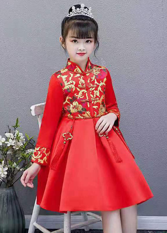 Red Embroideried Tassel Button Kids Mid Dresses Fall