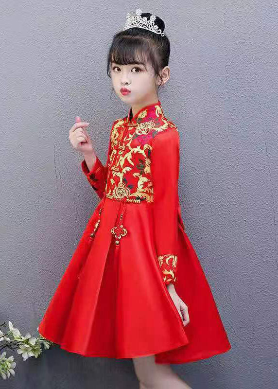 Red Embroideried Tassel Button Kids Mid Dresses Fall