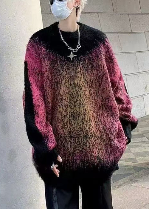 Red Gradient Color Patchwork Knit Sweater Winter