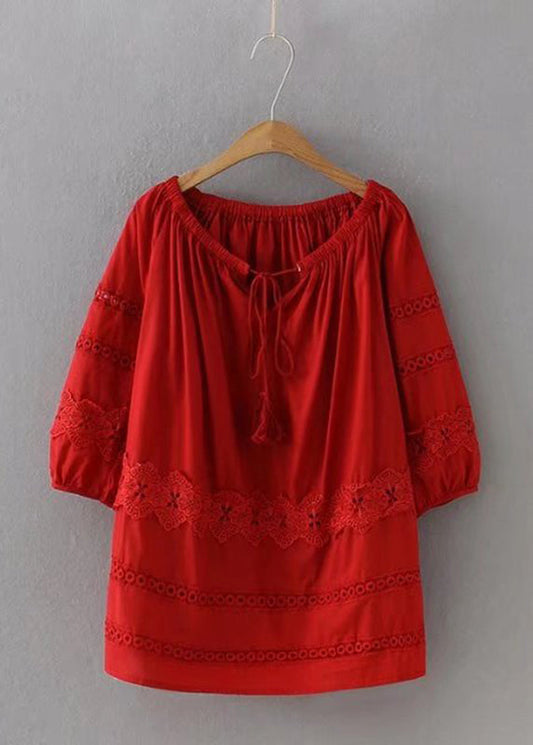 Red Lace Patchwork Hollow Out Shirt Long Sleeve