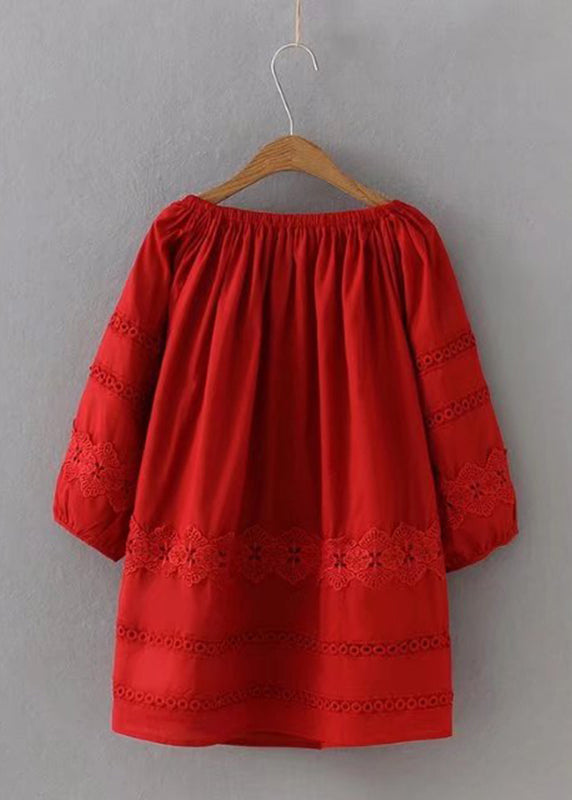 Red Lace Patchwork Hollow Out Shirt Long Sleeve