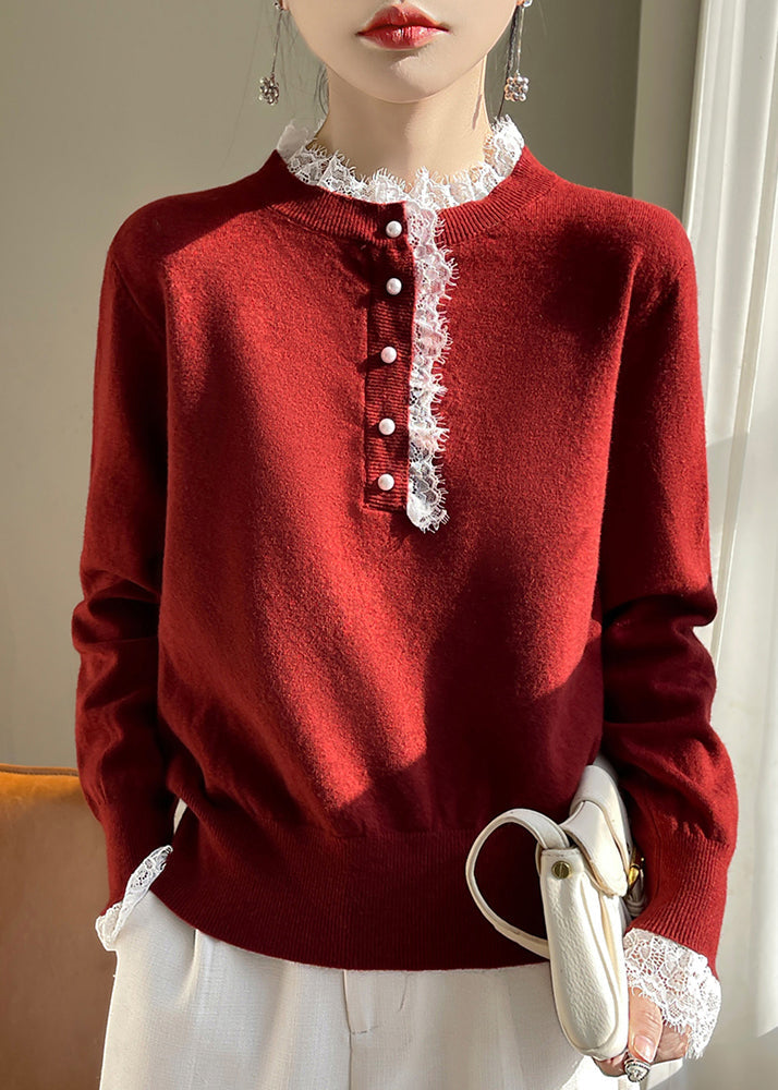 Red Lace Patchwork Wool Knit Sweaters Fall