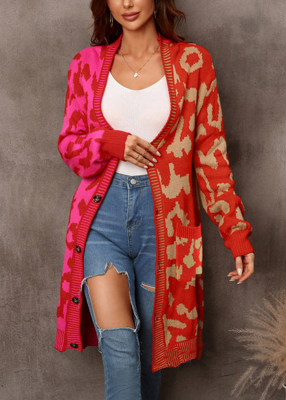 Red Leopard Print Patchwork Knit Loose Cardigan Fall