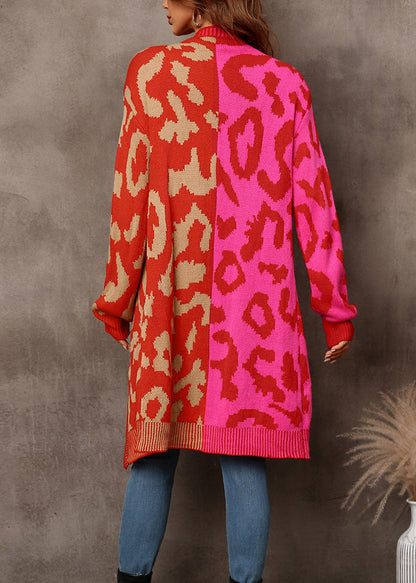 Red Leopard Print Patchwork Knit Loose Cardigan Fall