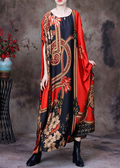 Red O-neck Oversized Print Silk Long Dress Short Sleeve