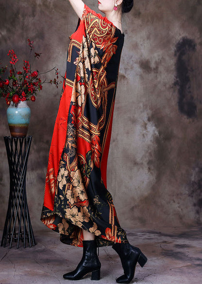 Red O-neck Oversized Print Silk Long Dress Short Sleeve