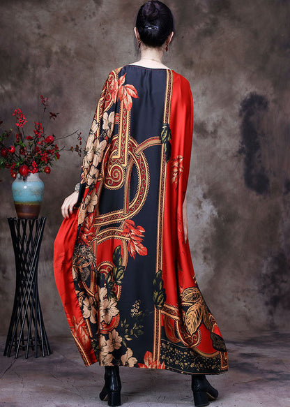 Red O-neck Oversized Print Silk Long Dress Short Sleeve