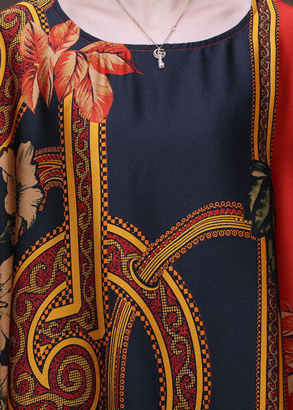 Red O-neck Oversized Print Silk Long Dress Short Sleeve