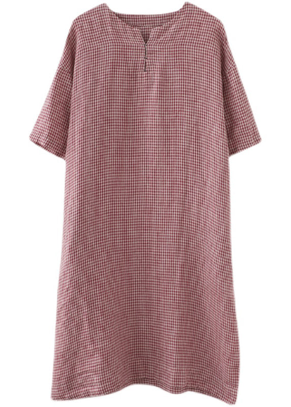 Red Oversized Plaid Linen a Line Dresses Summer